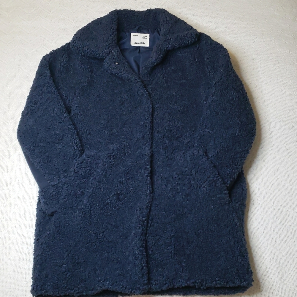 NEW Zara Girls Size 10 Navy Blue Sherpa Teddy Coat Faux Fur Winter Jacket
